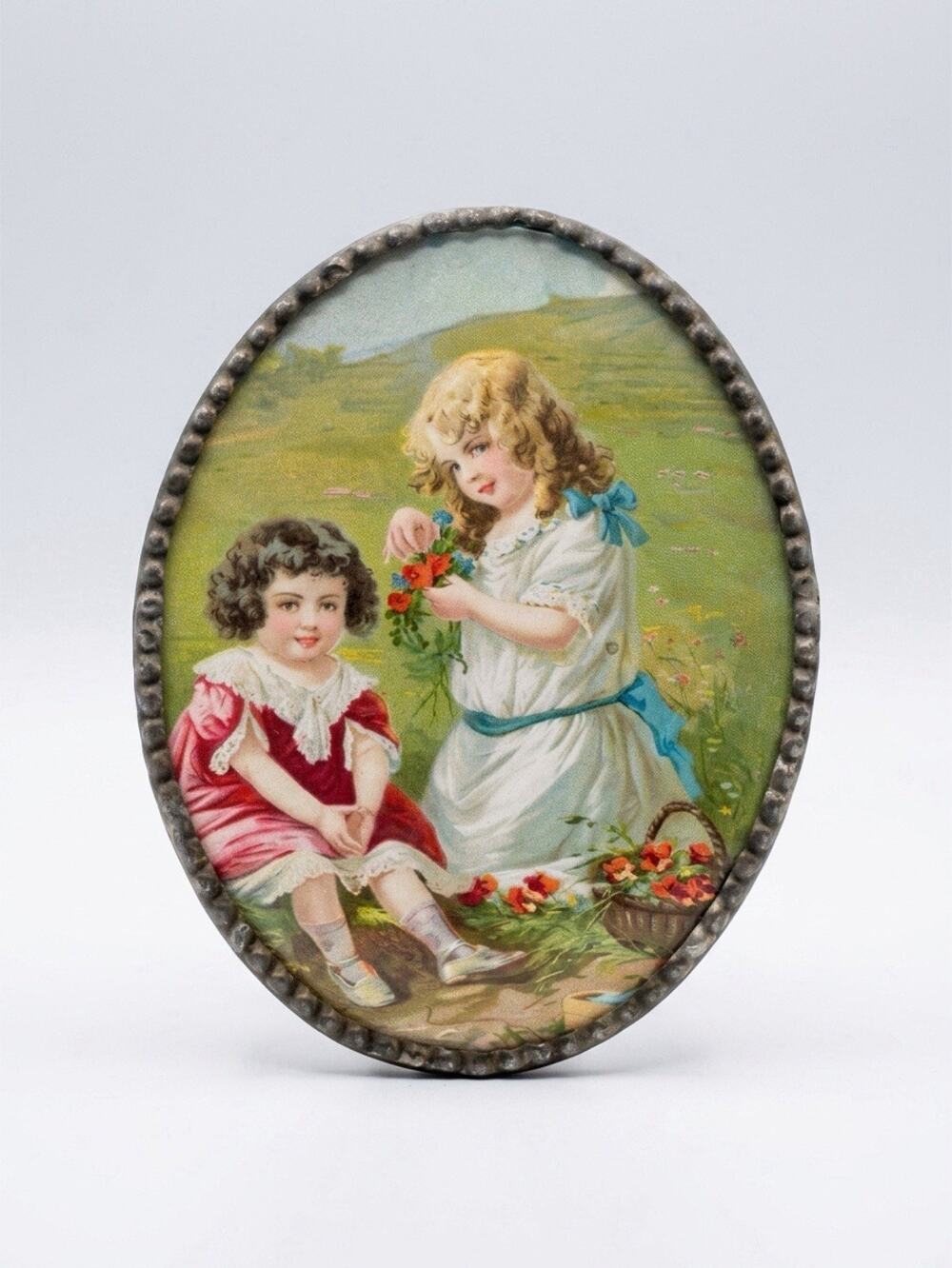 VTG OfAntique Print OvalFramed Lithograph Victorian Girls Children FlowersFiled